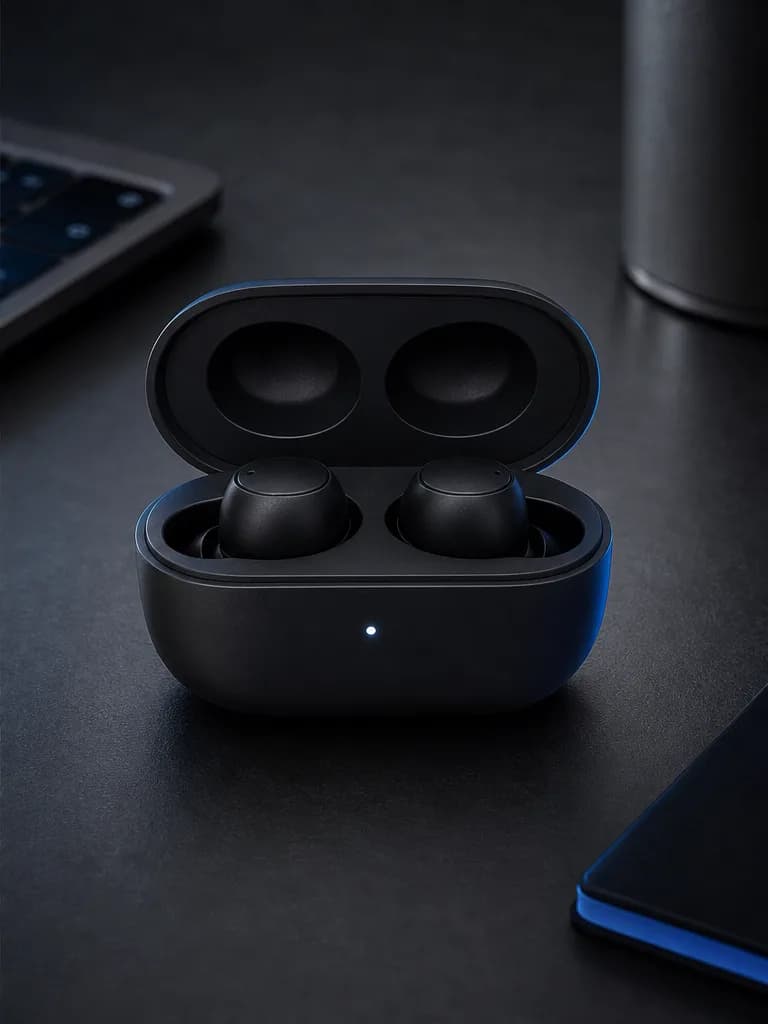 AI 生成的黑色无线耳机棚拍商品图